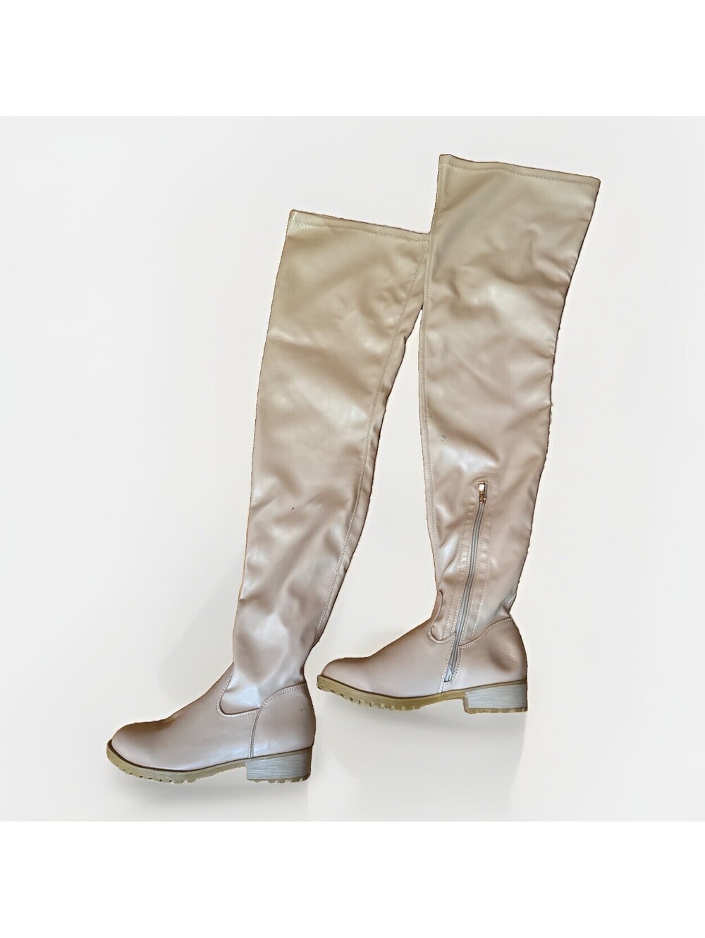 Nude Beige Thigh High Boots Low Block Heel Round Toe Size 9